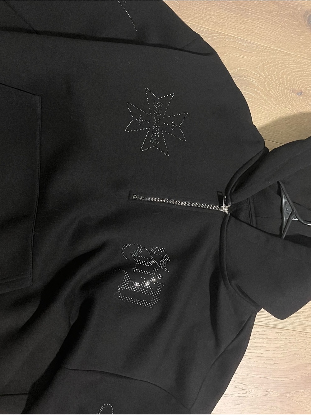 Men's Black Zip-Up Hoodie Sweater with Stud Detail
